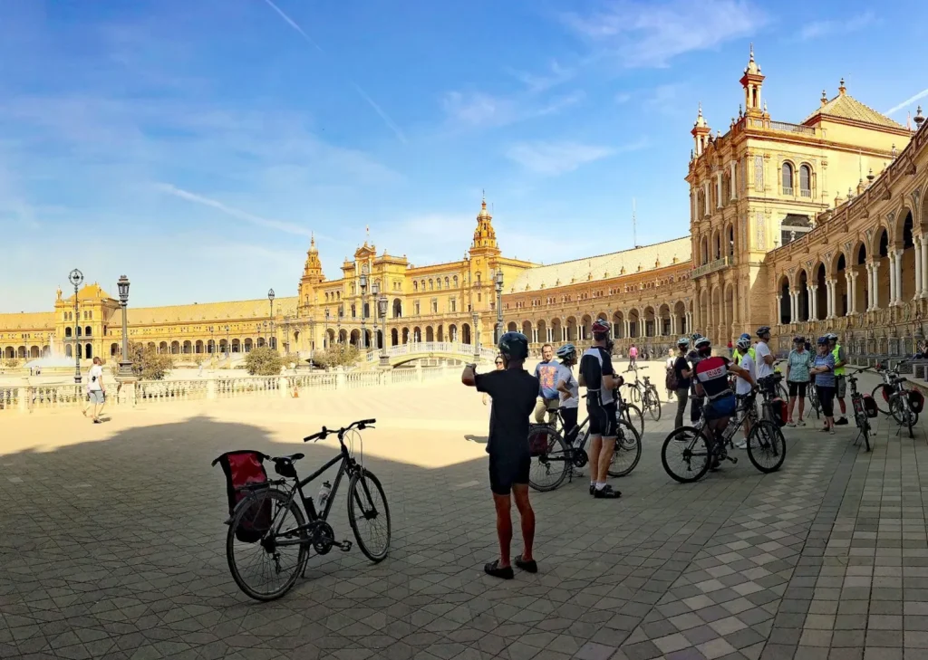 cyclists gathering in the center of Seville